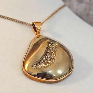 Gold Plated 925 Druzy Agate Crystal Pendant Necklace GP 24" Chain 925 Italy